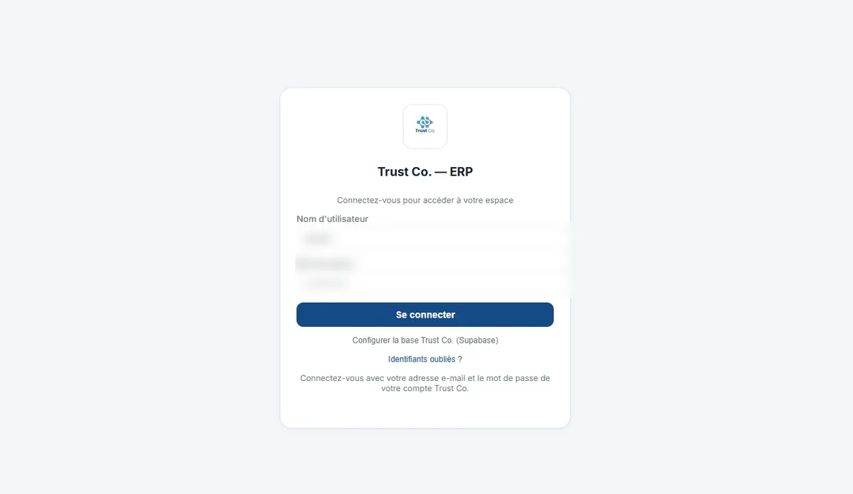 Écran de connexion de Trust Co. ERP avec identifiant et mot de passe