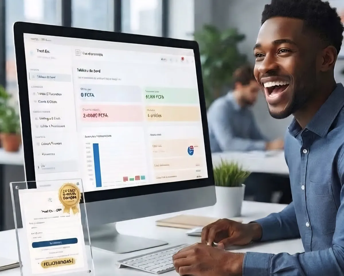 Un utilisateur souriant devant Trust Co. ERP, tableau de bord affiché à l'écran