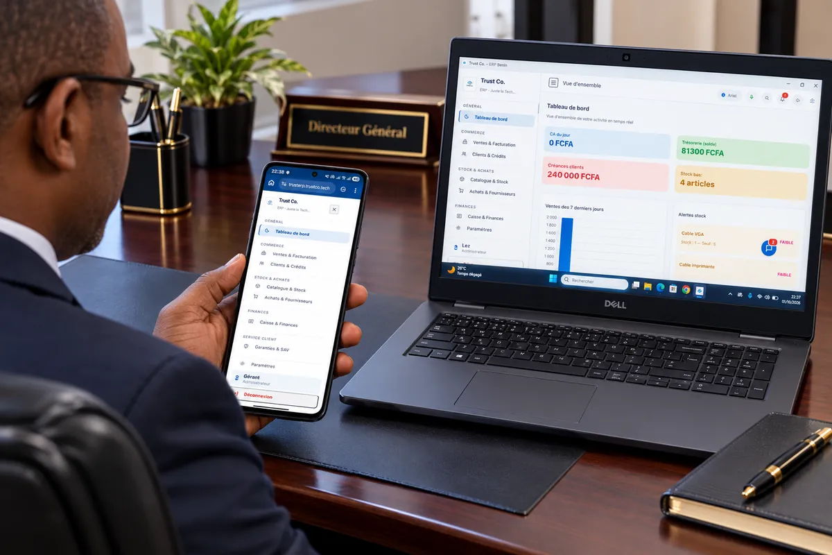Un responsable consulte Trust Co. ERP sur son téléphone, avec le tableau de bord ouvert sur son ordinateur portable